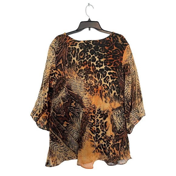 Signature Animal Print V-Neck Blouse 2X Tan/Brown Sheer Embellished 3/4 Sleeve - Picture 1 of 3